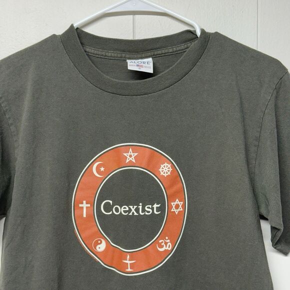 VTG Coexist Religion Earth Human Kind Single Stitch T-Shirt USA Made Alore Men S - Picture 2 of 12